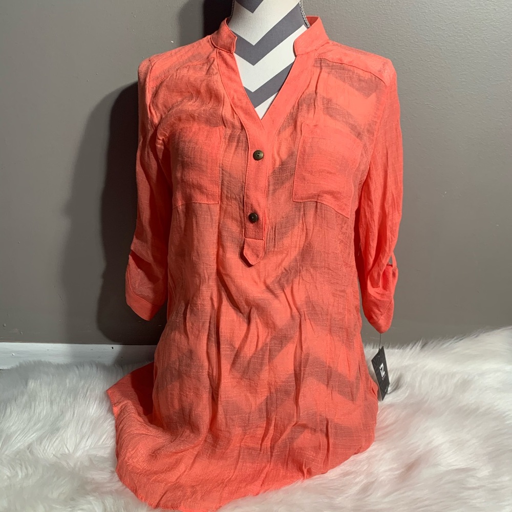 Iz Byer Size L Coral Boho Top 3/4 Sleeves Rayon